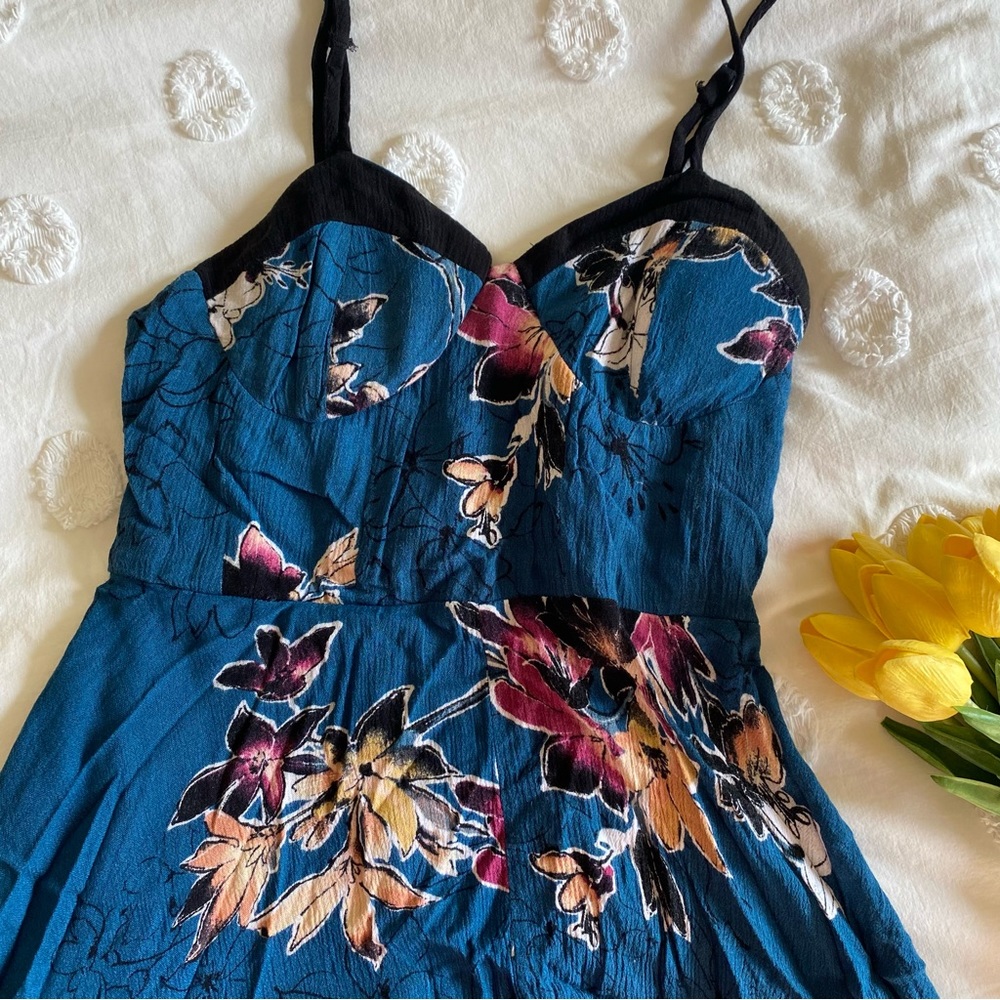 Blue/Turquoise floral summer dress with asymmetrical hemline, size small